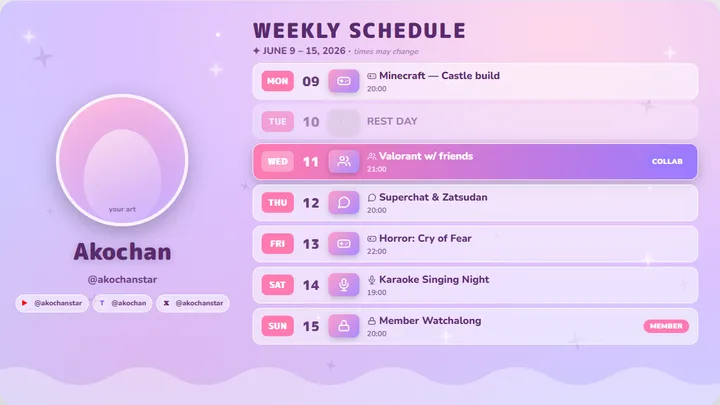 Celestial pastel VTuber เทมเพลตตารางไลฟ์