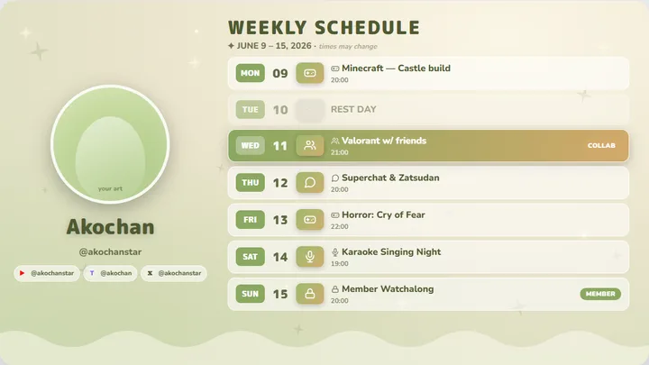 Cottagecore sage green เทมเพลตตารางไลฟ์