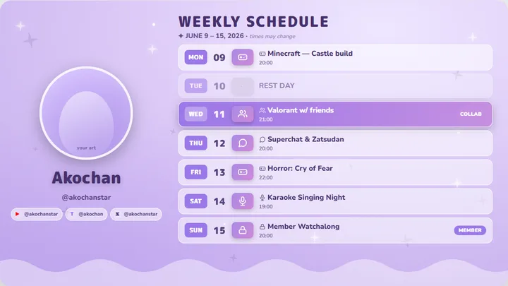 Pastel Cat purple เทมเพลตตารางไลฟ์