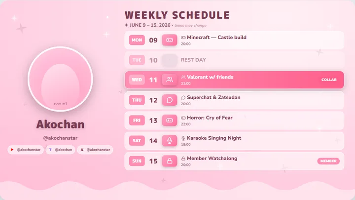Sakura pink VTuber เทมเพลตตารางไลฟ์