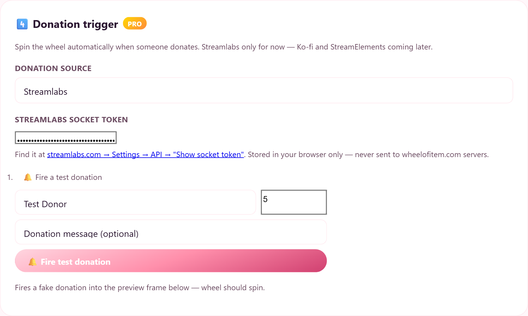 Streamer dashboard donation panel with Streamlabs configured