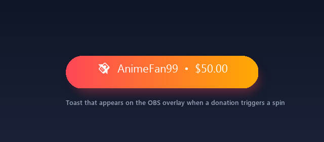 Donation toast and spinning wheel as seen on the OBS overlay